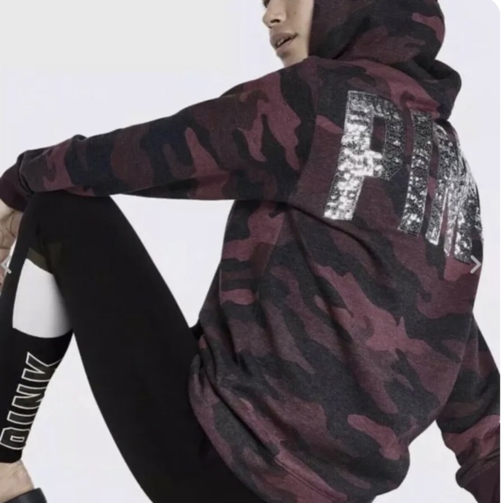 Victoria Secret Pink Bling Small Camo Hoodie Maroon Camo Sherpa hood sweatshirt
